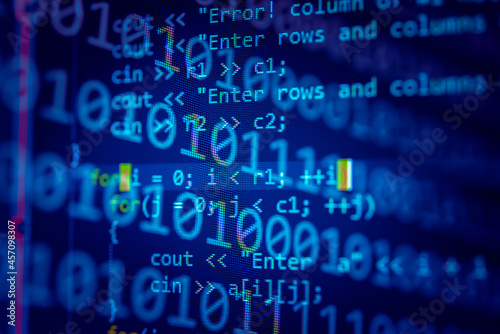 Abstract background of digital binary code of DEFI software. Crypto Programming software code on computer screen which develop by the programmer to solve the business requirement. 