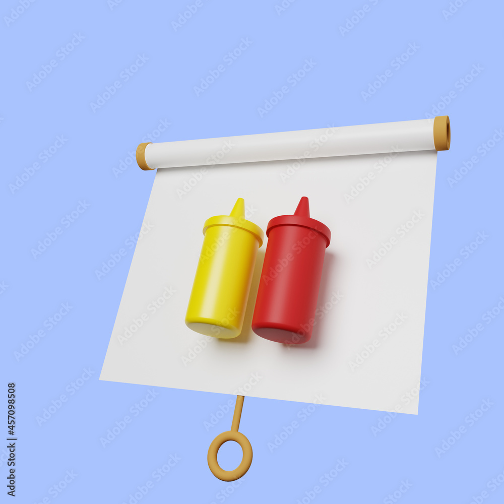 3d illustration of simple object presentation board slightly tilted view with bottle ketchup 3d illustration of simple object presentation board slightly tilted view with bottle ketchup