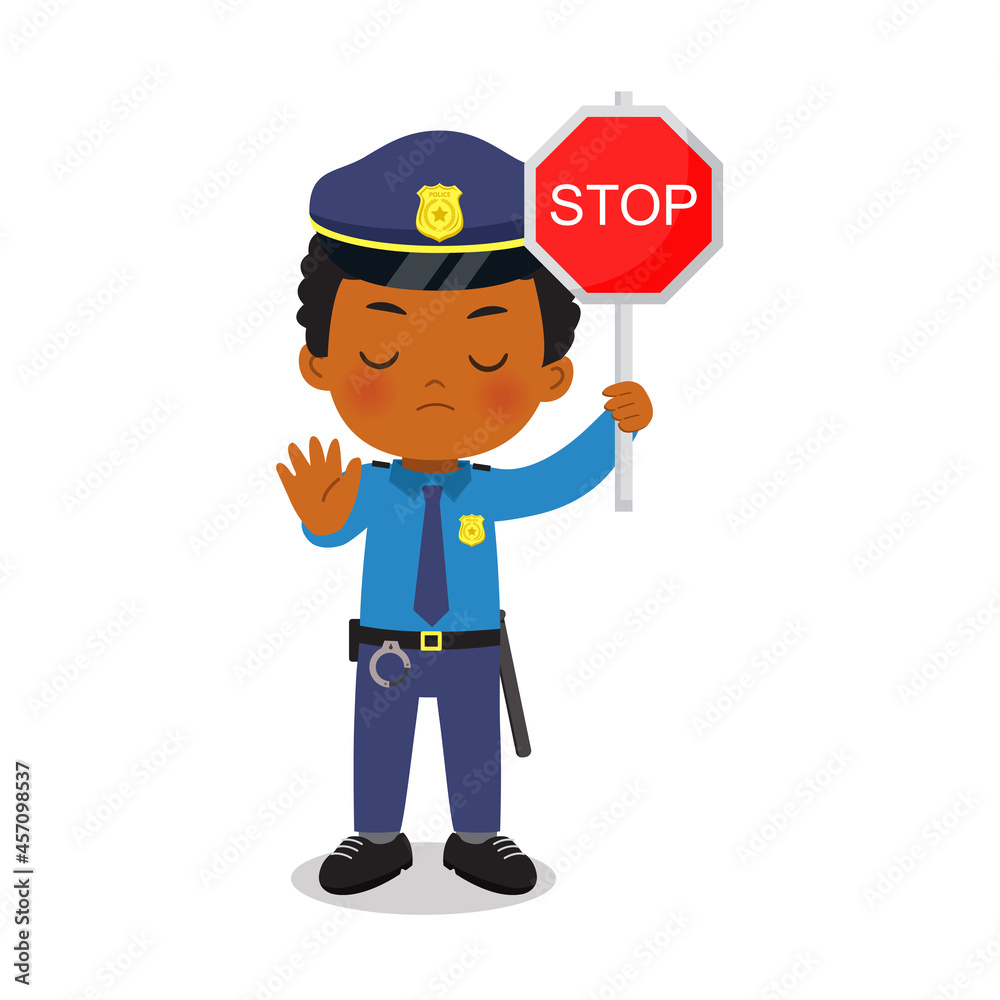 Strict police man with stop hand gesture and sign. Flat vector cartoon design