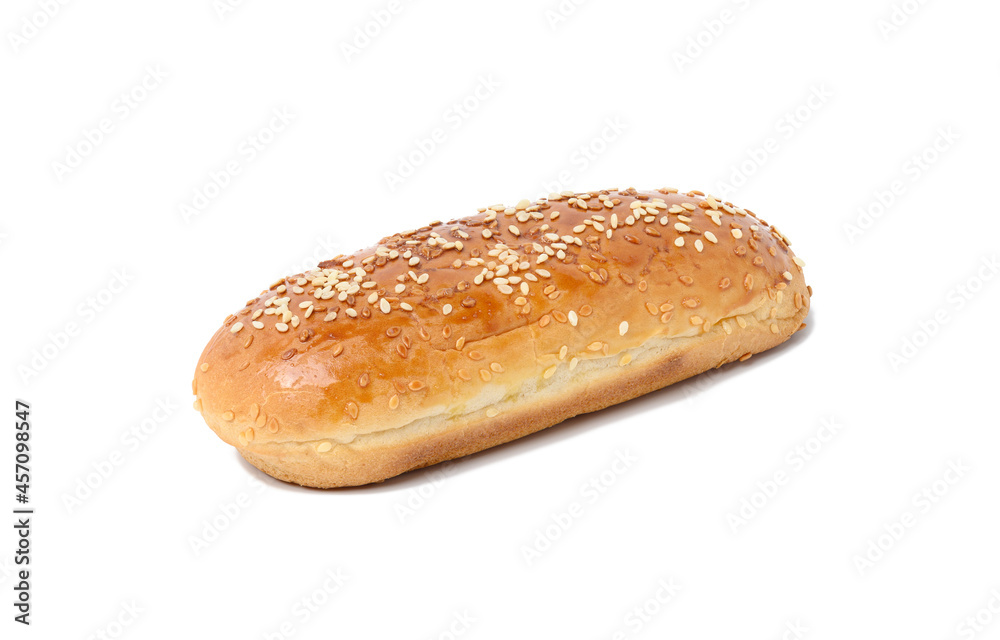 baked oblong sesame hot dog bun isolated on white background baked oblong sesame hot dog bun isolated on white background