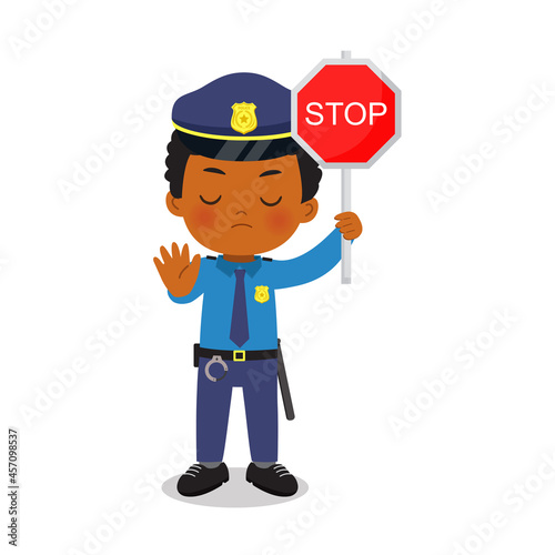 Strict police man with stop hand gesture and sign. Flat vector cartoon design