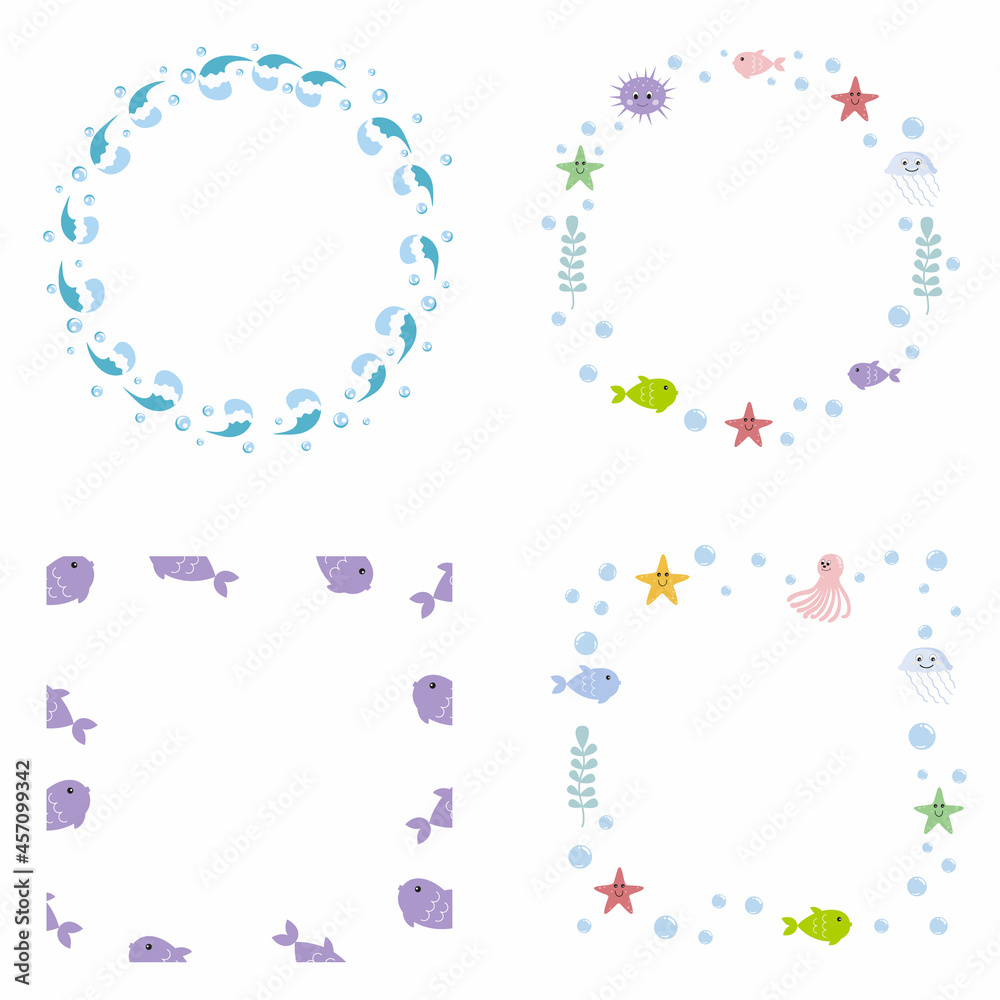 Round and square marine frame for design inscription. Place for photo or text. Fish, algae, crab, octopus and marine life. Round and square marine frame for design inscription. Place for photo or text. Fish, algae, crab, octopus and marine life.