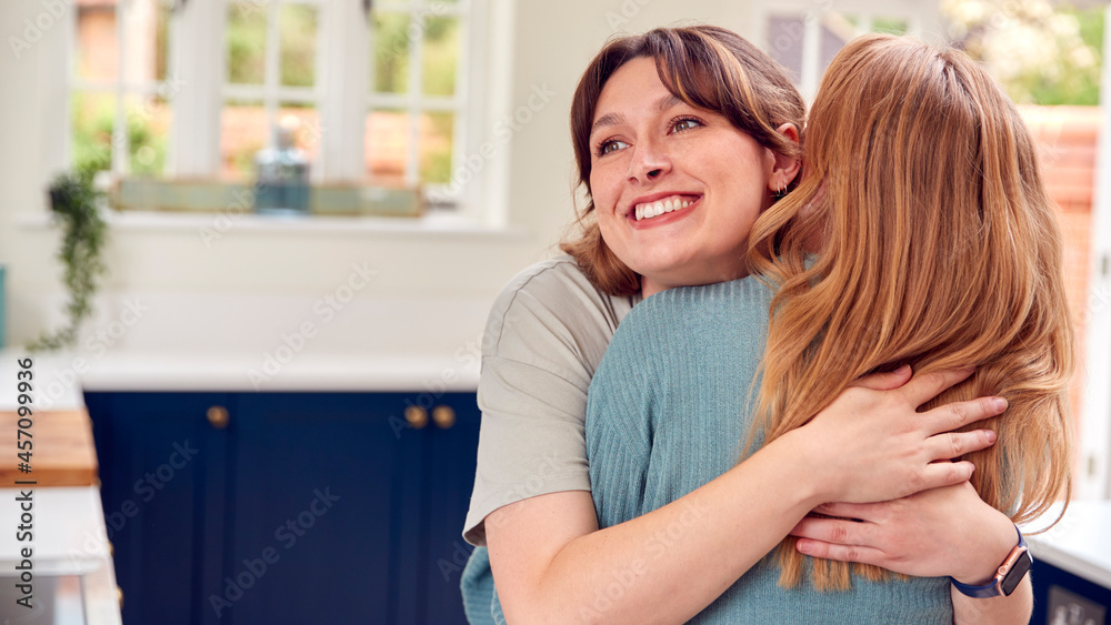 Two Female Friends Greeting And Hugging In Kitchen At Home Two Female Friends Greeting And Hugging In Kitchen At Home