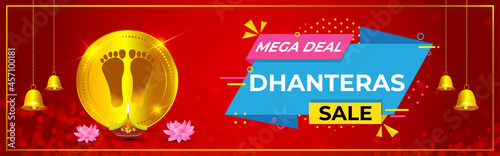 Vector Dhantera Big Sale banner, up to 50% off, lotus, diya, on beautiful bokeh background. Limited offer. assured an gift
