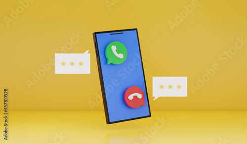 3D Rendering : Illustration of smartphone with call-in and call-out  icon. yellow background. smart gadget technology concept. contact each other. background concept for technology content.