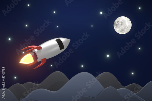 3D Rendering : illustration of rocket launching to the space with fire effect at jet engine. smoke and cloud. dark sky and little star shining. to the moon concept.