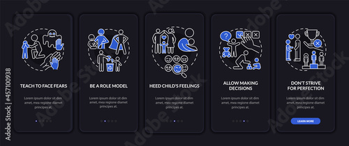 Bringing up advice onboarding mobile app page screen. Child mental health walkthrough 5 steps graphic instructions with concepts. UI, UX, GUI vector template with linear night mode illustrations