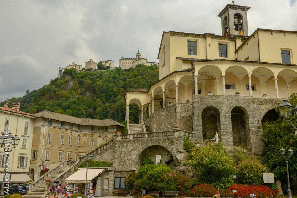 St. Gaudenzio church and Sacred mountain sanctuary on background, Varallo Sesia village, Piedmont, Italy