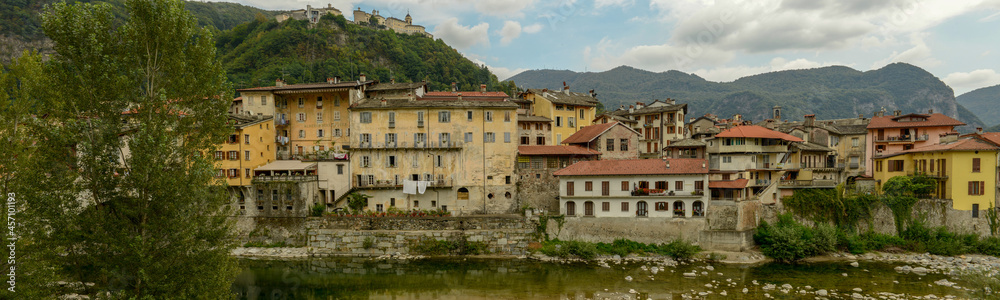 Varallo Sesia village and Sacred mountain sanctuary on background in Piedmont, Italy