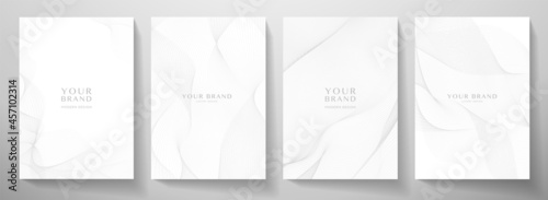 Contemporary technology cover design set. White background with grey line pattern (guilloche curves). Premium vector tech backdrop for formal  business layout, digital certificate, brochure template