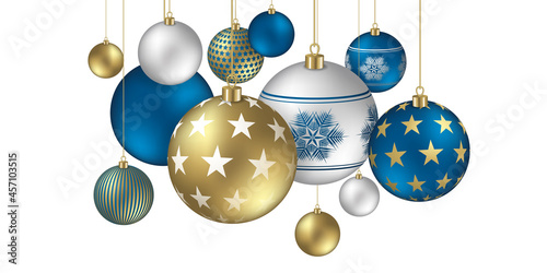 Hanging gold and blue Christmas balls banner - Christmas and happy new year design