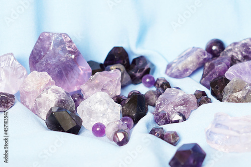 Beautiful purple natural gemstone amethyst. Cleansing natural stones. Lithotherapy and Chakrology photo