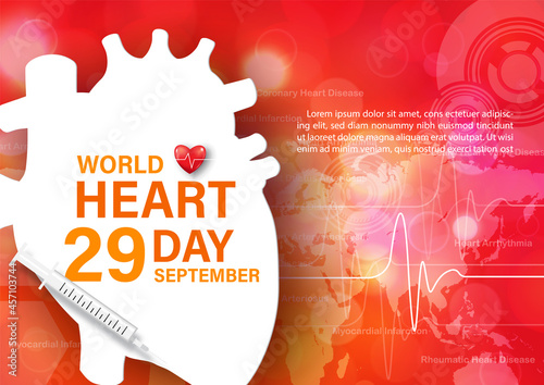 Wording of world heart day on white banner in human heart shape with example texts on red abstract background. Poster campaign of world heart day