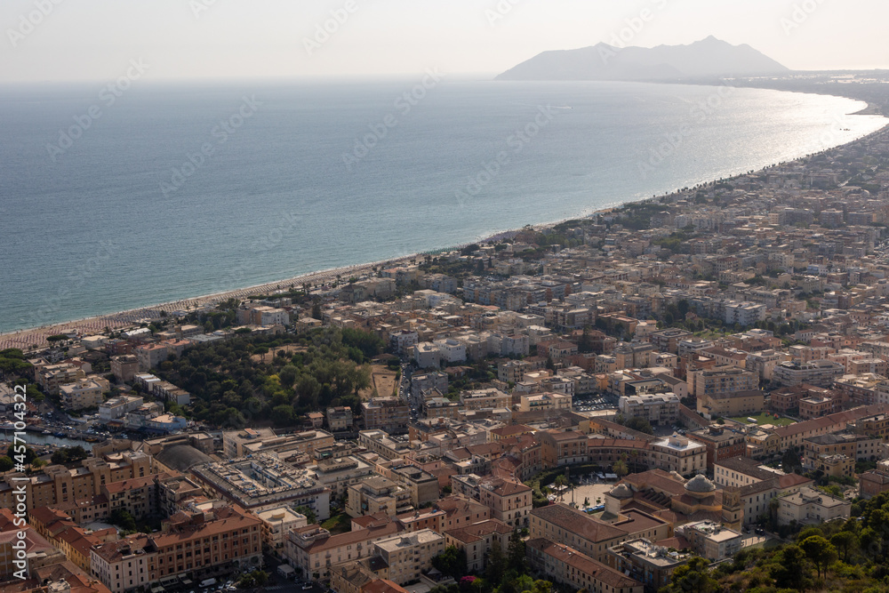 Aerial view of city Terracina on bright sunny day