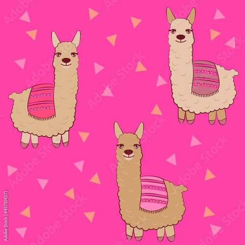 Vector alpaca pattern for kids. Colorful seamless alpaca, triangle, clouds and mountains pattern. Perfect for greetings, invitations, manufacture wrapping paper, textile and web design. Vector pattern photo