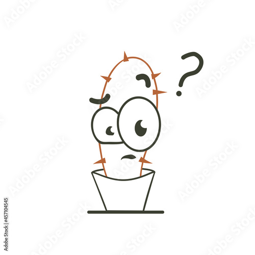 Linear cute bewildered Cactus with a frozen face. A disgruntled surprised cartoon cactus. Thin linear icon. Vector isolated outline illustration. Question