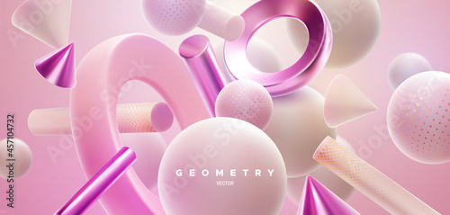 3d pastel magenta geometric shapes cluster. Abstract elegant composition