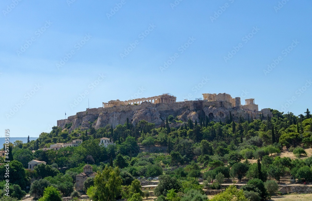 Panoramic view of the Acropolis of Athens, from below and on a sunny day