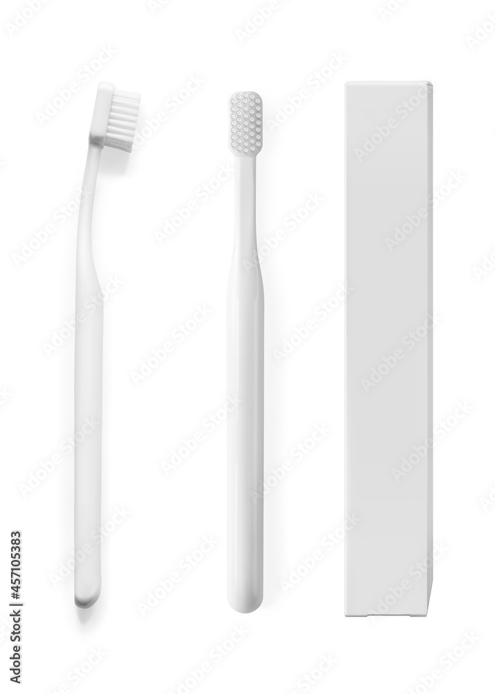 White toothbrush realistic 3d vector illustration isolated top view, side view and packing box. Dental hygiene White toothbrush realistic 3d vector illustration isolated top view, side view and packing box. Dental hygiene