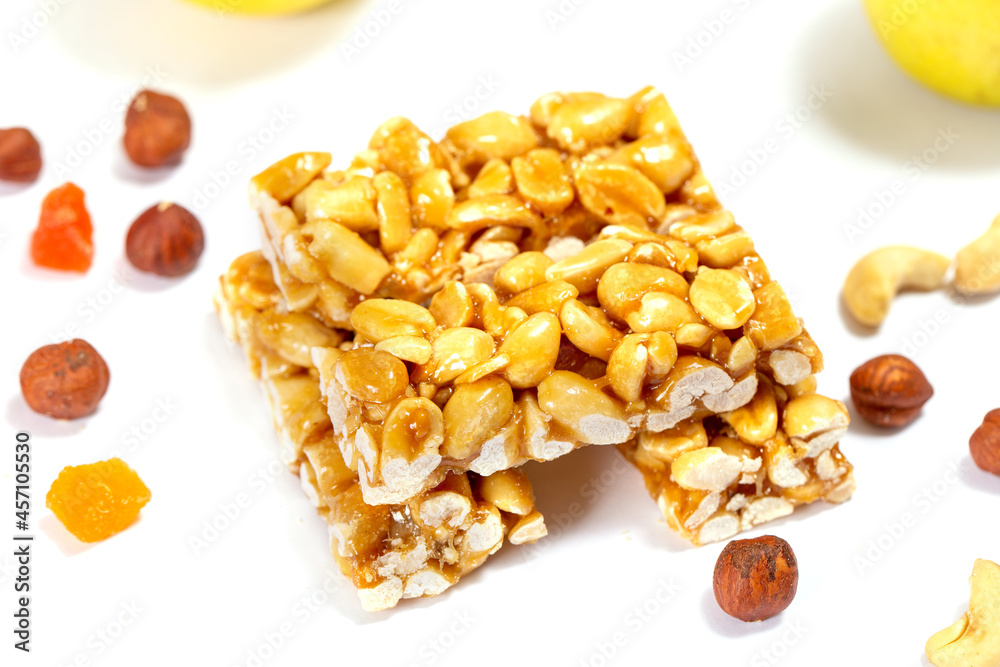 Cereal granola bar with nuts. Energy healthy snack. Protein muesli bars. Top view Cereal granola bar with nuts. Energy healthy snack. Protein muesli bars. Top view