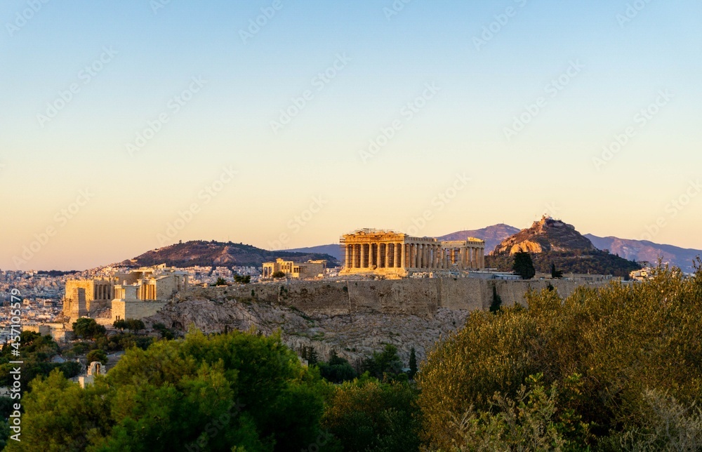 View of the acropolis from the monument to Filopappou, at sunset