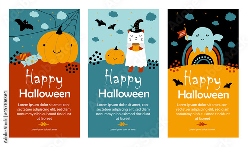 Cute set of Halloween party invitation cards. Festive illustration in children's style. Vector flat style illustration. Hand Drawn Kawaii Decoration.