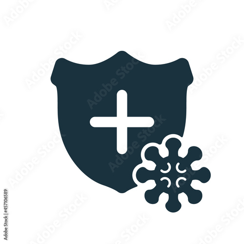 Immune System concept with Medical Shield. Coronavirus Covid-19 Bacteria Silhouette Icon. Shield protect from corona virus. Stop Coronavirus by Shield icon. Vector illustration