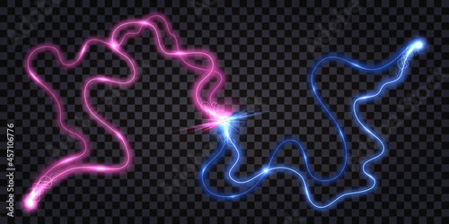 Electric discharge wave swirl, clash shock effect, blue vs pink lightning thunder bolt. Glowing light, wavy electrical wire cable, power energy explosion. Vector illustration