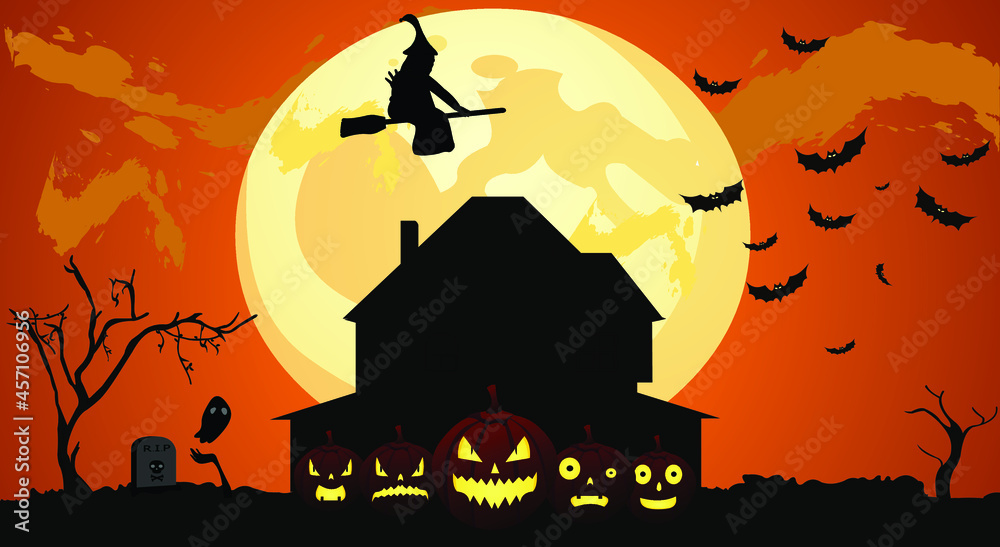 Halloween field background with pumpkins, Happy Halloween orange horror night with full Moon, illustration.