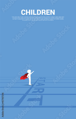 Silhouette of boy in superhero suit standing at start line. Concept of education start and future of children.