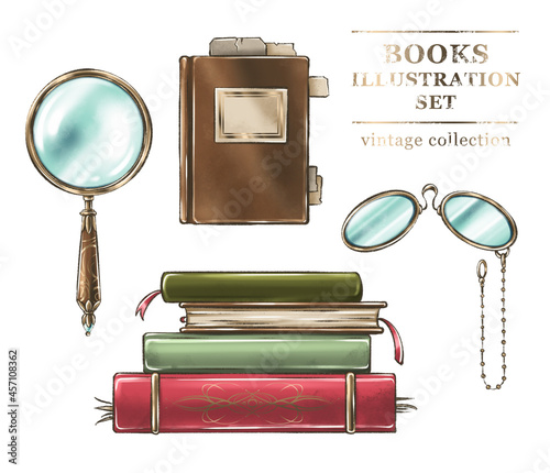 Set of hand drawn digital illustrations of vintage books with labels and golden decoration, magnify glass, pince-nez for books, graphic design, package, posters, web design, labels, postcards