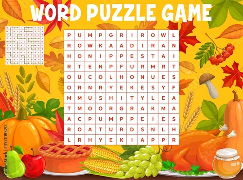 Autumn leaves and Thanksgiving meals, word search puzzle game worksheet. Kids quiz grid for words search in Thanksgiving pumpkin, turkey and apple pie, maple leaf anf oak acorn with corn and honey