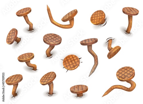 Cartoon isolated rusty bent nails and hobnails, vector icons. Nails bent by hammer with iron heads, old pins or spikes with rust, crooked or broken and curved with sharp edges