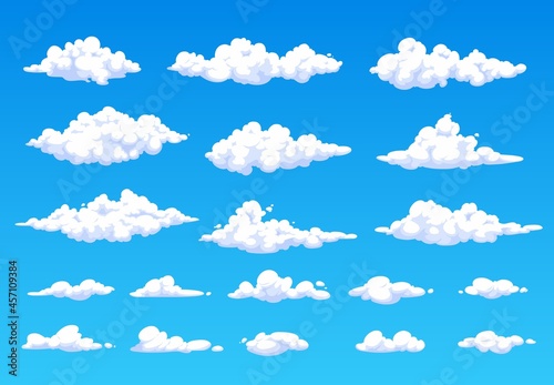 Cartoon fluffy white clouds in blue sky. Vector summer cloudscape, clouds in heaven. Soft and spindrift or cumulus weather and nature. Meteorology isolated white clouds
