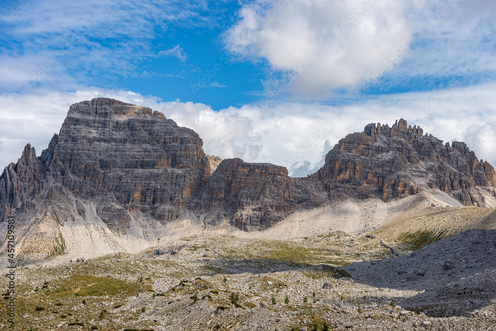 Mountain peak of Monte Paterno or Paternkofel (2744 m.), natural park of Tre Cime di Lavaredo or Drei Zinnen, Dolomites, UNESCO world heritage site, Veneto, Trentino-Alto Adige, Italy, Europe.