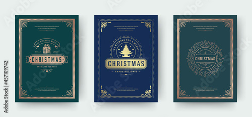 Christmas greeting cards vintage typographic design, ornate decorations symbols with fir tree, winter holidays wishes