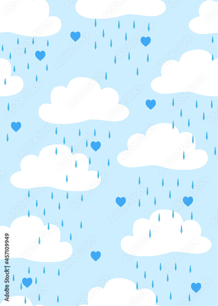 Cute Simple Baby Shower Vector Pattern. White Cloud on a Light blue Background.Rain of Hearts. Baby Shower Design for Card, Invitation, Wrappig Paper, Textile. Heart Pattern.