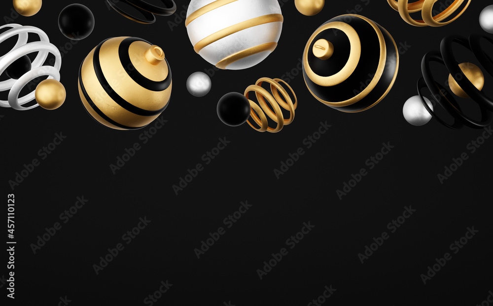 Merry Christmas and Happy New Year 3d render illustration card with ornate gold, black and silver xmas balls and decoration. Winter decoration, minimal design Merry Christmas and Happy New Year 3d render illustration card with ornate gold, black and silver xmas balls and decoration. Winter decoration, minimal design
