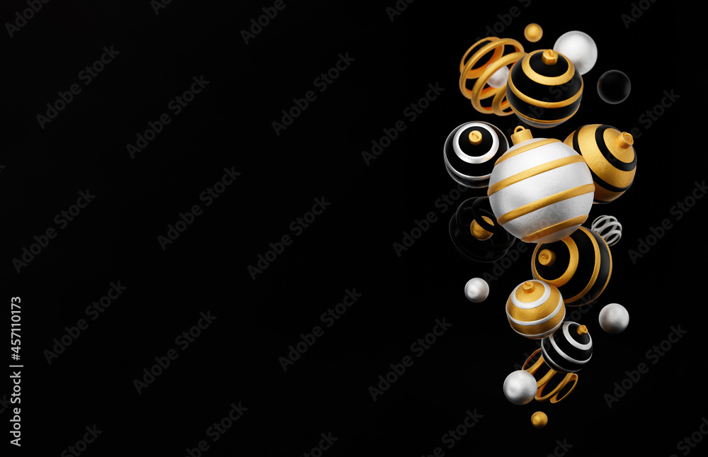 Merry Christmas and Happy New Year 3d render illustration card with ornate gold, black and silver xmas balls and decoration. Winter decoration, minimal design Merry Christmas and Happy New Year 3d render illustration card with ornate gold, black and silver xmas balls and decoration. Winter decoration, minimal design