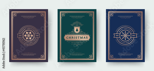 Christmas greeting cards set with vintage typographic design ornate decoration