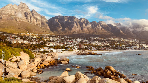 Scenic view of Camps Bay, South Africa with twelve apostles in the background.