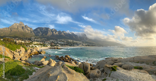 Scenic view of Camps Bay, South Africa with twelve apostles in the background.
