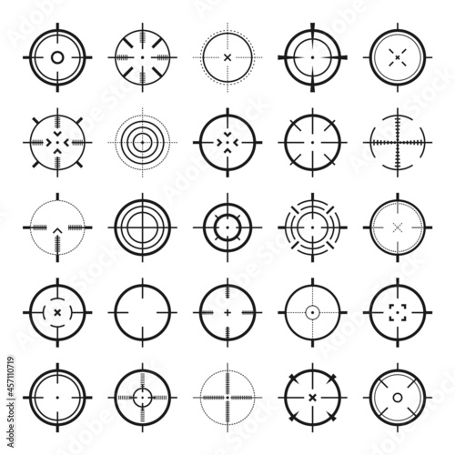 Crosshair, gun sight vector icons. Bullseye, black target or aim symbol. Military rifle scope, shooting mark sign. Targeting, aiming for a shot. Archery, hunting and sports shooting. Game UI element.