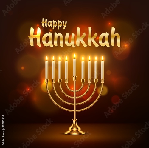 Happy Hanukkah vector greeting card with realistic menorah jewish lamp with flaming candles and sparks. Judaism religion Festival of Lights golden candlestick. Hanukkah holiday candelabrum 3d design
