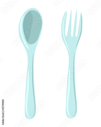Hand-drawn Single Use Plastic spoon and fork isolated on white background.  Plastic Cutlery. Vector illustration