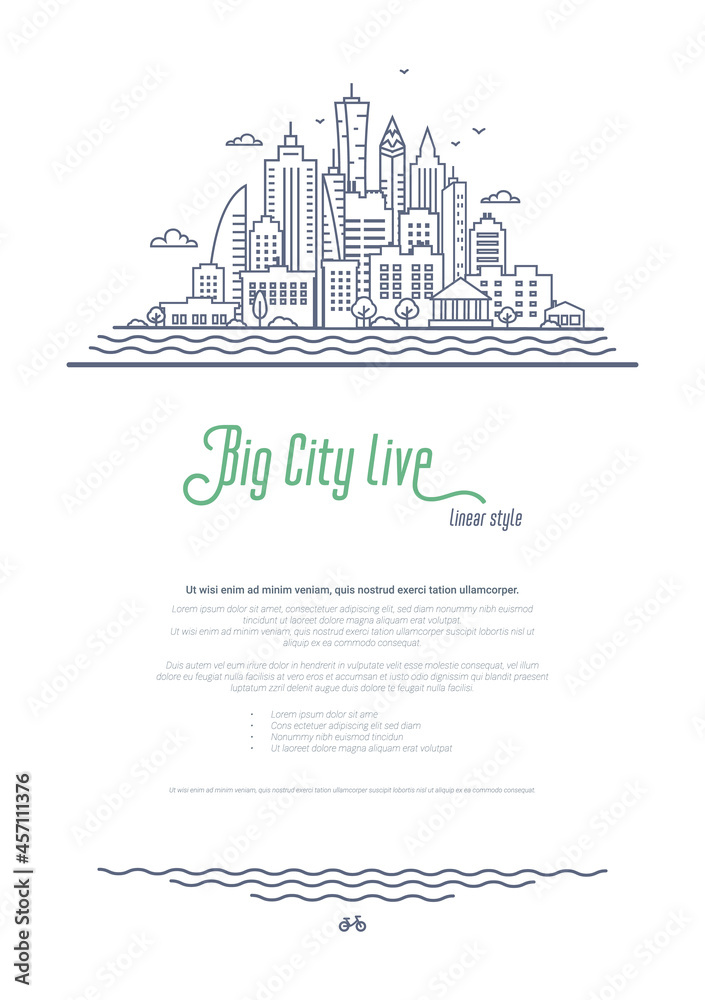 City landscape template. Thin line Cityscape, Downtown or Business district with high skyscrapers. Outline style vector illustration on white background.
