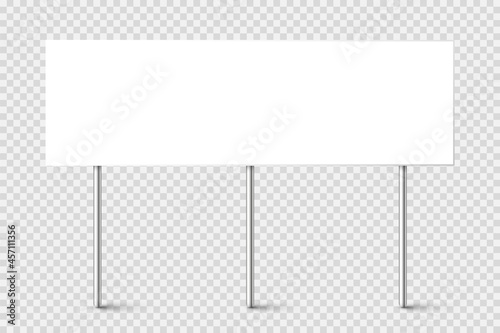 Blank board with place for text, protest sign isolated on transparent background. Realistic demonstration or advertising banner. Strike action cardboard placard mockup. Vector illustration.