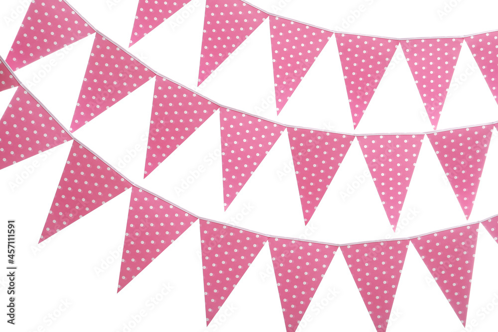 Rows of triangular bunting flags on white background. Festive decor
