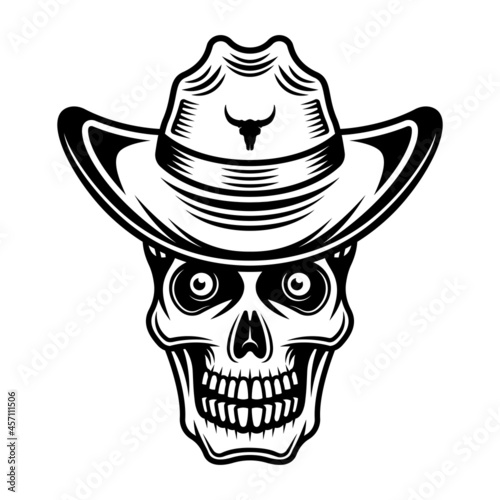 Skull in cowboy hat vector illustration in monochrome vintage style isolated on white background