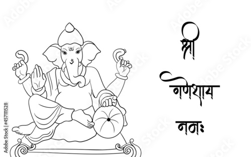 Ganpati Black and white outline illustration,  happy Ganesh chaturthi
